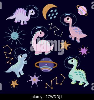 Set of bright cute dinosaurs flying in space. Image on a dark blue background, in vector graphics. For the design postcards, posters, wrapping paper Stock Vector