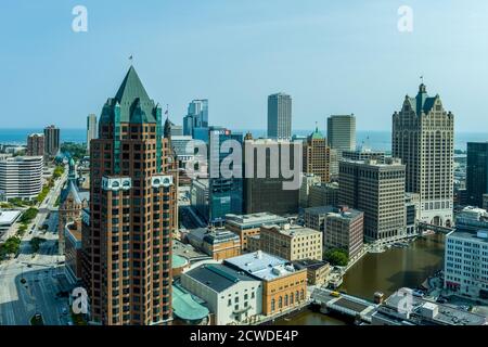 Milwaukee, WI: 23 September 2020:  An aerial image of downtown Milwaukee featuring skyscrapers riverwalk Stock Photo