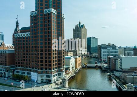 Milwaukee, WI: 23 September 2020:  An aerial image of downtown Milwaukee featuring skyscrapers riverwalk Stock Photo