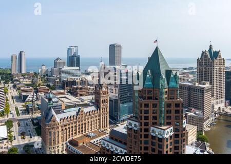 Milwaukee, WI: 23 September 2020:  An aerial image of downtown Milwaukee featuring skyscrapers riverwalk Stock Photo