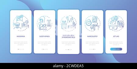 Sleep disorder types blue gradient onboarding mobile app page screen with concepts Stock Vector
