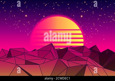 Vector Futuristic illustration of Planet with Mountains and Cityscape in Retro Style. Retro. Digital Landscape in a Cyber world. Retro 80s Fashion Sci-Fi Background Cityscape. Use as Music Album Cover Stock Vector