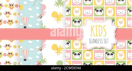 Collection of Kids Seamless Pattern Backgrounds with Cute animals and  rainbow, sun, cloud, kite and balloon. Vector Illustration EPS10 Stock Vector