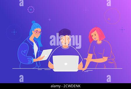 Three guys working as a team on a new project or startup Stock Vector