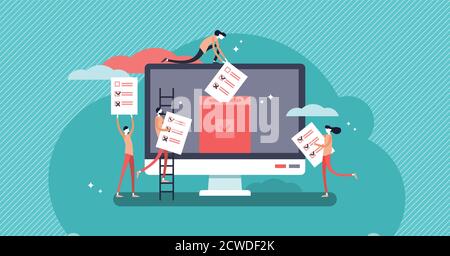 Online voting mini people concept flat vector illustration with computer screen,voting box and voters making decisions.Modern electronic voting system Stock Vector