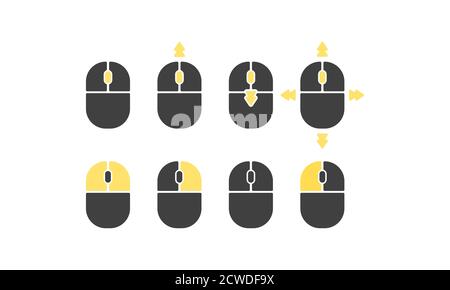 Computer mouse icon set. Left and right clicks, scroll wheel symbols. Vector on isolated white background. EPS 10 Stock Vector