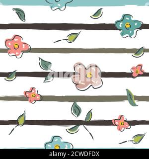 Hand Drawn Seamless Floral Pattern with black stripes texture. Pastel Color of Pink. Modern textile. Vector Illustration. Stock Vector