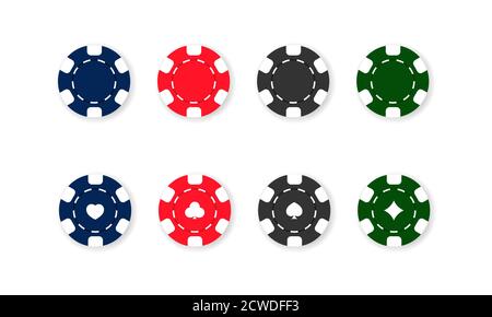 Casino chips icon set. Poker. Blue, red, black and green chips. Vector on isolated white background. EPS 10 Stock Vector