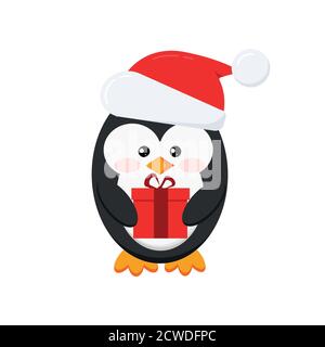 Cute christmas penguin boy with red x-mas gift isolated on white background - penguin in Santa Claus red christmas hat. Stock Vector