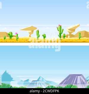 Seamless horizontal landscape background. Vector illustration of desert sand dunes, cactuses, rocks, mountains, volcanoes. Travel adventures and outdo Stock Vector