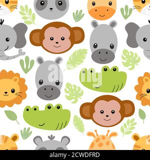 Seamless pattern with cute animal faces on a white background, in vector graphics. For decoration, prints for childrens clothing, notebook covers Stock Vector