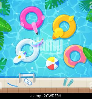 Swimming pool with colorful floats, top view vector illustration. Kids inflatable toys flamingo, duck, donut, unicorn. Summer fun background. Stock Vector