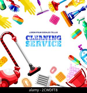 Vector frame with household cleaning tools, detergent and supplies on white background. House cleaning and housework banner or poster modern flat desi Stock Vector