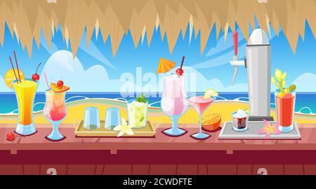 Seamless horizontal background with wooden bar counter and alcohol cocktails and beverages on desk. Vector illustration of summer vacation. Stock Vector