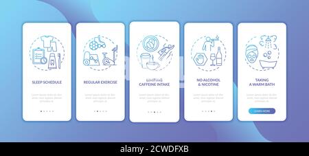 Healthy sleep hygiene blue gradient onboarding mobile app page screen with concepts Stock Vector