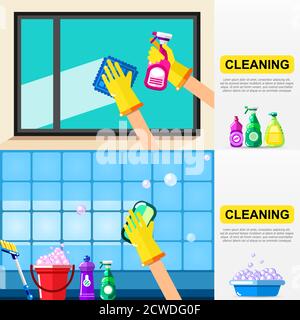 Housework and cleaning service concept. Window and bathroom tiles cleaning. Vector banner template. Stock Vector
