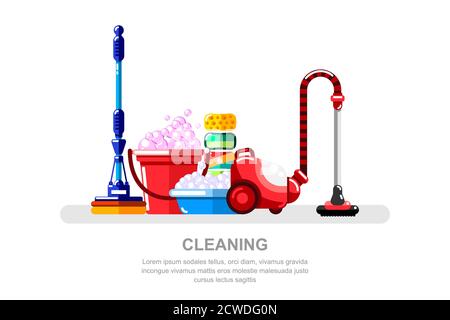 Housework and cleaning service concept. Vacuum cleaner, bucket and mop, vector isolated illustration. Household tools and supplies. Stock Vector
