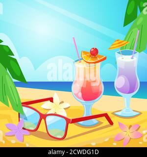 Tropical summer beach, alcohol beverages and red sunglasses on sand. Vector bar illustration. Iced tea and cosmopolitan cocktail. Stock Vector