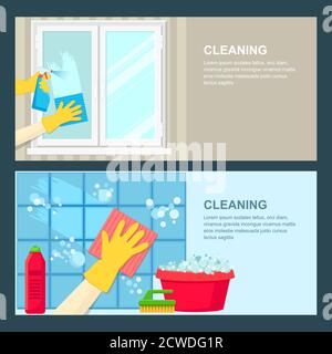 Cleaning service vector banner template. Window and bathroom tiles cleaning. Housework concept. Stock Vector