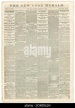 Antique newspaper, The New York Herald from Thursday, February 16, 1865. Headlines include Civil War news related to William Tecumseh Sherman; Savannah, Georgia; and Wilmington, North Carolina. SOURCE: ORIGINAL NEWSPAPER Stock Photo