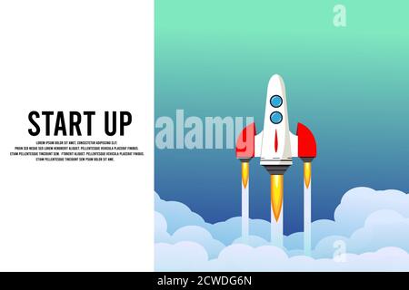 Rocket launch in the sky, cloud, smoke clouds, space. Space ship. interstellar travels. Business concept. Start up template. background. Simple modern Stock Vector