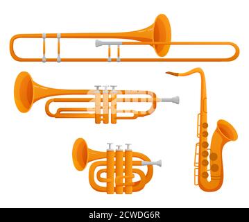 Set of musical instruments trombone, trumpet, saxophone,oboe. Stock Vector