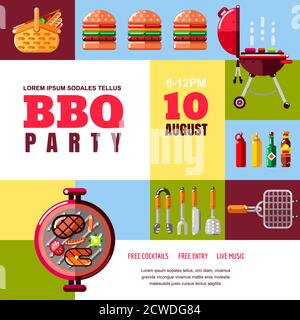 Bbq elements. Grill cooking tools for barbecue summer party, roasted on  fire meat food cartoon vector set Stock Vector Image & Art - Alamy