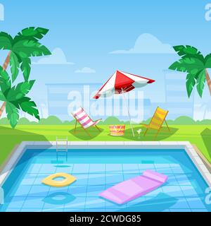 Hotel swimming pool with chaise lounge and parasol umbrella. Vector illustration. Summer travel, vacation and relax concept. Tropical resort Stock Vector