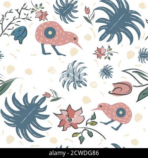 Seamless Floral Pattern with exotic kiwi bird. Hand Drawn. Vector Illustration Stock Vector