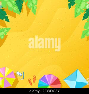 Summer yellow sand beach with colorful umbrellas, top view vector illustration. Abstract holiday, vacation cartoon background with place for text. Stock Vector