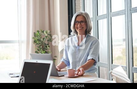 Happy old female mentor, coach or teacher standing at table during workshop. Stock Photo