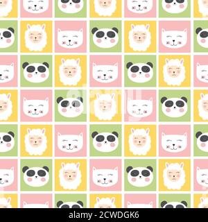 Cute seamless pattern with animals panda, cat and sheep for kids, child background. Vector illustration EPS10 Stock Vector