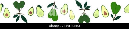 Modern seamless border with avocado. Set of vector fruit isolated on white background. Line pattern. Endless ornament. Design template. Illustration Stock Vector