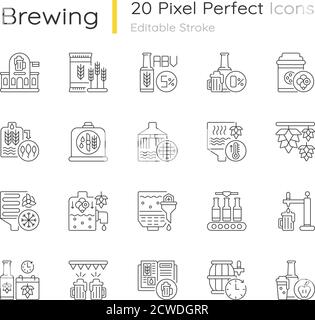 Brewing pixel perfect linear icons set Stock Vector
