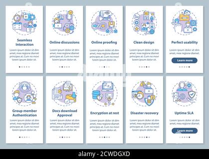 Remote work app features onboarding mobile app page screen with concepts set Stock Vector