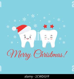 Cute smilling teeth with christmas costume on dentist greeting card. Stock Vector