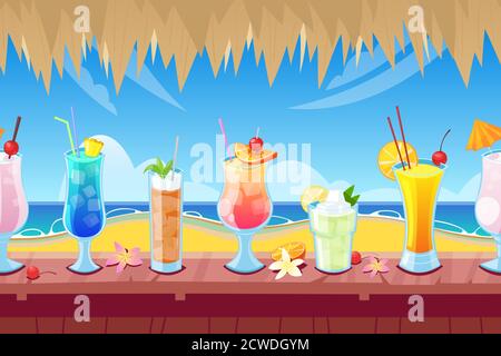 Seamless horizontal background with wooden bar counter and alcohol cocktails and beverages on desk. Vector illustration of summer vacation. Stock Vector