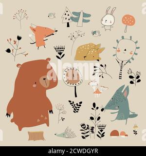 Cartoon cute animals meeting autumn in the forest Stock Vector