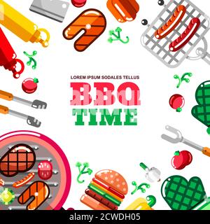 Barbecue and grill vector frame with white background. BBQ food, equipment and tools illustration. Banner or poster modern flat design. Stock Vector