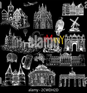 Set of hand drawn sketch style Germany related landmarks and different objects isolated on black background. Vector illustration. Stock Vector
