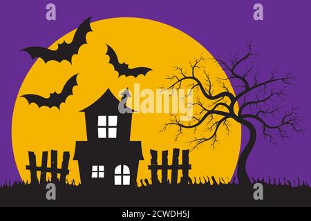 Halloween scary scene with old haunted house silhouette in front of the big moon and the purple sky with bats. Halloween holiday concept Stock Vector