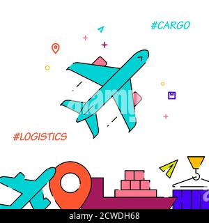 Air transportation filled line vector icon, simple illustration, cargo and shipping related bottom border. Stock Vector