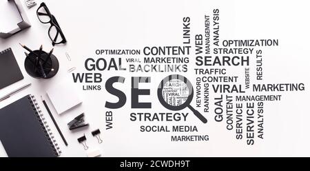 Seo-Optimization Wordcloud With Keywords Over White Desk Background, Panorama, Collage Stock Photo