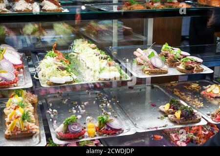 A variety of smorrebrod open faced sandwiches in Copenhagen, Denmark Stock Photo