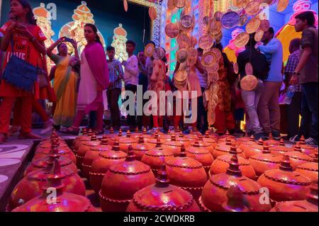 Howrah, West Bengal, India - 5th October 2019 : View of decorated Durga Puja pandal, a temporary temple, Durga Puja festival at night. colored light. Stock Photo