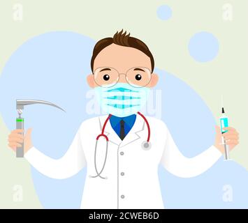 Male anesthesiologist doctor. Doctor in medical mask with stethoscope and professional equipment. Medicine online. Stay home. Flat vector illustration Stock Vector