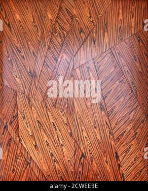 3D wood wall panels. Wood veneer wall panels elements are covered with dust. Rosewood reconstituted veneer. Furniture manufacturing Stock Photo