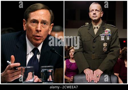 A combination photo shows CIA Director David Petraeus speaking on Capitol Hill in Washington on January 31, 2012 and U.S. Marine Corps Lt. Gen. John Allen arriving to testify on Capitol Hill in Washington June 28, 2011. The top U.S. commander in Afghanistan, General John Allen, is under investigation for alleged inappropriate communication with a woman at the center of the scandal involving former CIA Director David Petraeus, a senior U.S. defense official said on November 13, 2012.    REUTERS/Kevin Lamarque/Yuri Gripas/Files    (UNITED STATES - Tags: POLITICS MILITARY)