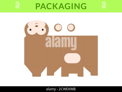 Adorable DIY party favor box for birthdays, baby showers with monkey for sweets, candies, small presents, bakery. Retail box blueprint template. Print Stock Vector