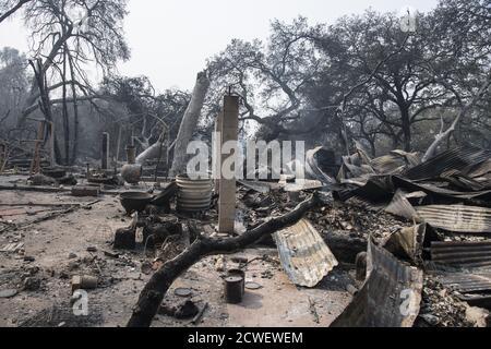 Angwin, United States. 29th Sep, 2020. A burned out residence still smolders in Angwin, California on Tuesday, September 29, 2020. The Glass Fire has burned over 40,000 acres and is only 2% contained. Photo by Terry Schmitt/UPI Credit: UPI/Alamy Live News Stock Photo